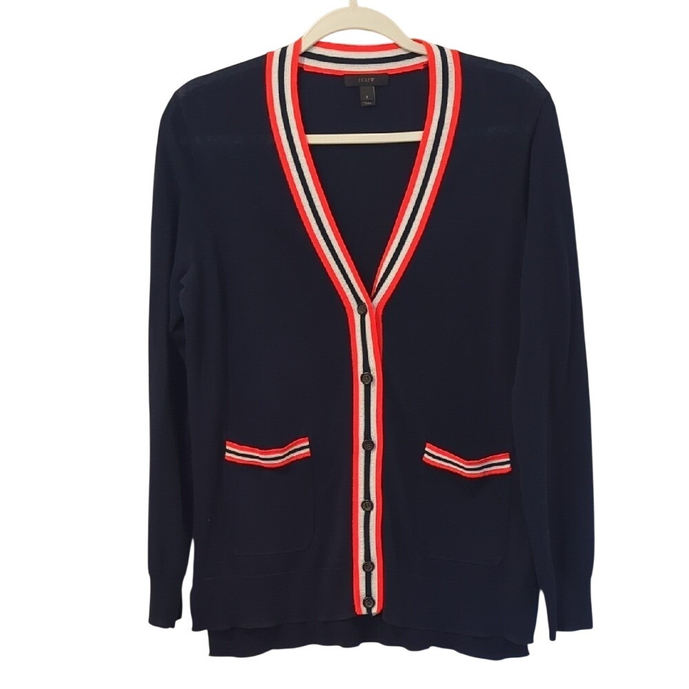 J. Crew Navy Cardigan with Neon Orange Trim Preppy Office Lightweight size Small